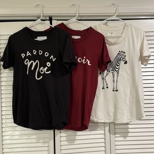Sol Angeles lot / 3 cotton graphic tees, XS, Zebra, Bonsoir, Pardon Moi